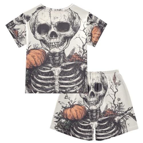 ALAZA Halloween Pumpkins Skeleton Pajama Set Short Sleeve Sleepwear Soft Lounge Nightwear2