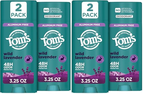 Tom’s of Maine Wild Lavender Natural Deodorant for Men and Women,Aluminum Free,No Artificial Fragrances,Dyes,or Preservatives,Baking Soda Free,48-Hour Odor Protection,3.25 oz,(Pack of 4)