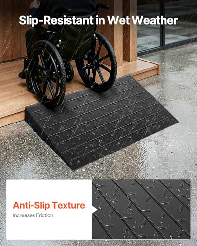Image of VEVOR 4 inch Rise Rubber Threshold Ramp, 3 Channels Cord Cover Door Ramp, No-Slip Surface, 2200 Lbs Load Capacity Rubber Ramp for for Home Doorways Driveways Curb Home Steps, 41.8 inch L x 24 inch W x 4 inch H, 65lbs