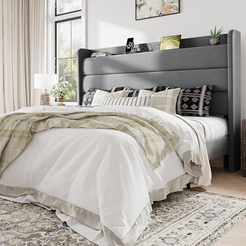 Image of Allewie King Size Upholstered Bed Frame with Charging Station, Grey