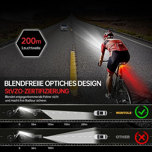 BOLEi LED Fahrradlicht Set 100 LUX,StVZO Zugelassen Fahrradlampe, Fahrradbeleuchtung USB Aufladbar, IPX5 Wasserdicht Fahrradlichter, Batterie Aufforderung schwach, Vorne Frontlicht Und Rücklicht Set