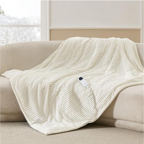 Image of Bedsure GentleSoft Heated Blanket Throw - Soft Ribbed Flannel Electric Blanket, Heating with 6 Time Settings (Up to 10H), 6 Heating Settings, Warm Gifts for Grandma (50x60 inches, Coconut White)