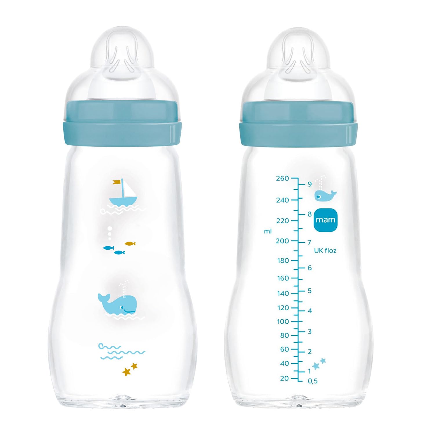MAM - Bottiglia in vetro Feel Good Glass, 260 ml con tettarella, misura 1 dalla nascita, 2 pezzi