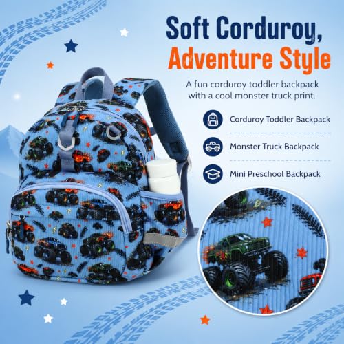 Image of LOIDOU Toddler Backpack for Boys Ages 2-4, 12 Inch Mini Preschool Daycare Bookbag with Insulated Snack Pocket, Corduroy Small Kids Travel Backpack with Chest Strap, Blue Car
