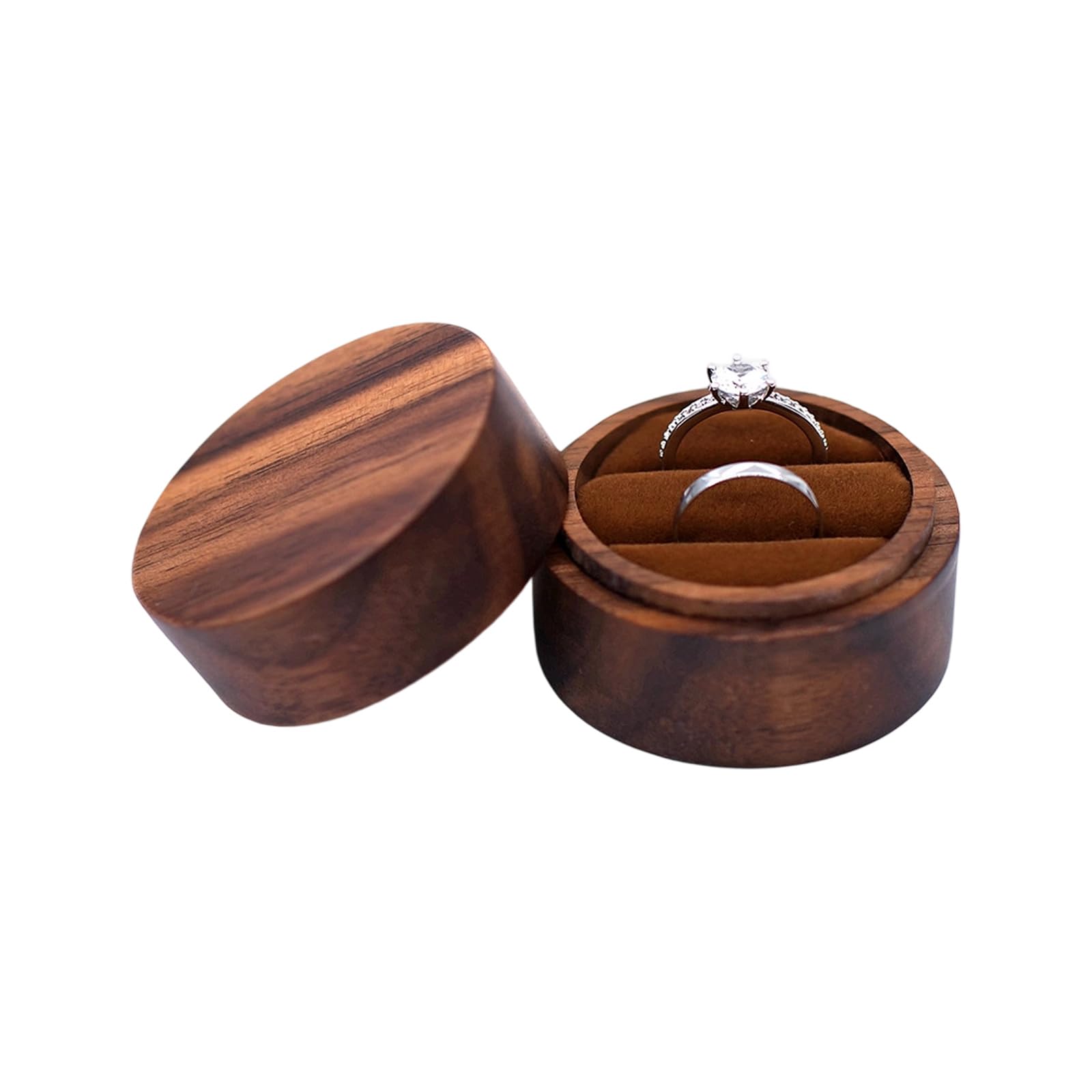 Tsophreniq Double Brown Round Wood Rings Holder Wedding Rings Display Case Jewellery Organiser Storage Chest For Engagement Proposal Anniversary Container