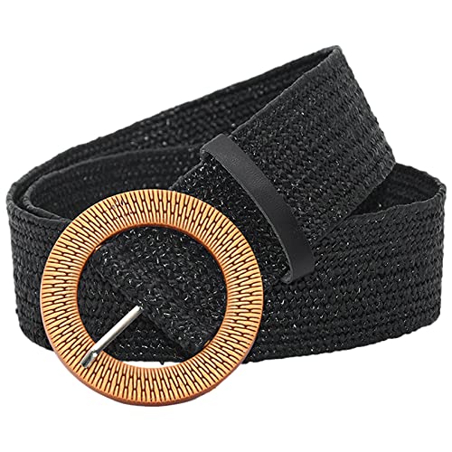 2 Pieces Women Straw Woven Elastic Stretch Waist Belt for Flowy Fashion Skinny Dresses with Braided Wooden Buckle2