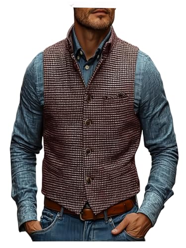 VENNYNG Houndstooth Mandarin Collar Vest for Men Slim Fit Formal Waistcoat Autumn Casual Adjustable Back Tweed Texture