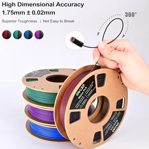 Image of OVV3D Matte PLA 3D Printer Filament Bundle 250g x 4 Spools, Dual Color Filament 1.75mm Pack, Multi Color Change 3D Printing Filament, High Quality Matte Surface, Black - Red, Blue, Green, Purple