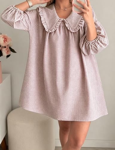 Image of Ynhonra Women's Gingham Mini Dress 3 /4 Puff Sleeve Babydoll Doll Collar