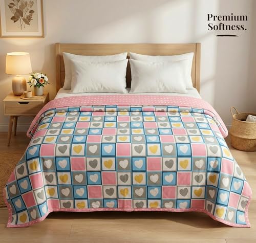 Image of VAS COLLECTIONS Cotton AC Blanket for Double Bed (220x230 cm) | Reversible Soft Lightweight All-Season Blanket | Skin-Friendly & Breathable Comforter (Sweetheart Checks)