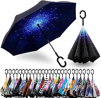SIEPASA Double Layer Inverted Umbrella with C-Shaped Handle, Anti-UV Waterproof Windproof Straight U...