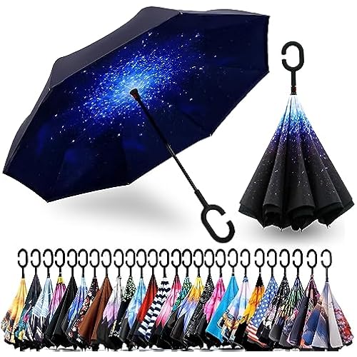 SIEPASA 49/56 Inch Inverted Reverse Upside Down Umbrella, Extra Large Double Canopy Vented Windproof Waterproof Stick Golf Umbrellas with C-shape Handle.
