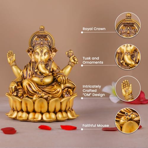 Image of Artarium Resin Small Lord Ganesha Idol (Height 4-Inch), Lotus Ganpati Murti Statue, Handcrafted for Car Dashboard Home Temple and Home Decor Gift Item - Gold Finish