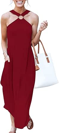 ANRABESS Women's Summer Casual Criss Cross Sundress Sleeveless Split Maxi Long Beach Dress with Pockets