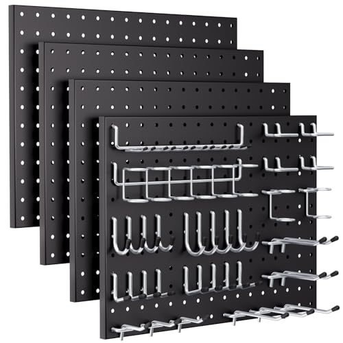 INCLY 70PCS Pegboard Wall Organizer, 4PCS Metal Peg Board Panels with 66PCS 1/4" Pegboard Hooks Accessories Kit, Black Peg Board for Walls Home, Garage Tool Storage, Workbench Organization