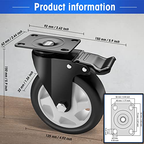 Image of 5 inch Caster Wheels Set of 4, Heavy Duty Casters with Brake, No Noise Locking Casters with Polyurethane (PU) Wheels, Swivel Plate Castors Pack of 4