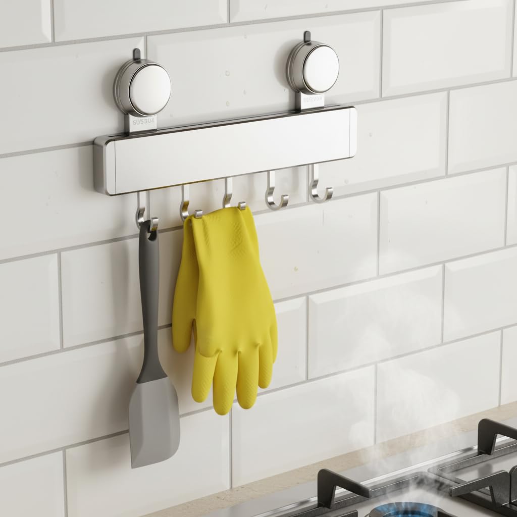 Perchero Ganchos Cocina Ventosas , Gancho gris pistola 60cm 12 ganchos