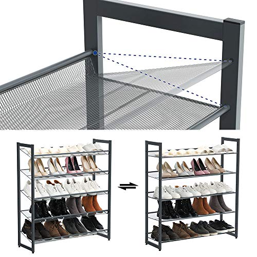 Image of SONGMICS Shoe Rack, 5-Tier Stackable Shoe Storage Shelf, Metal Mesh, Flat or Angled Shoe Organizer for 20 to 25 Pairs of Shoes, Short Boots, High Heels, Cool Gray ULMR05GB