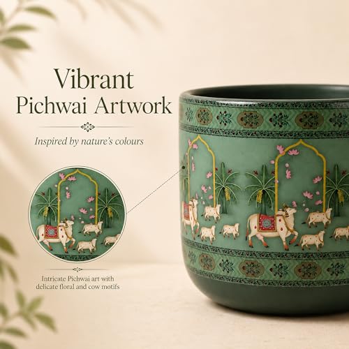 Image of Habere India-All the Cultures Fabricating India Pichwai Art Hand Painted Green Terracotta Planter | Cow Motif Indian Art Indoor Plant Pot | Clay Pot with Drainage Hole (Green: L12 x W12 x H10 cm)