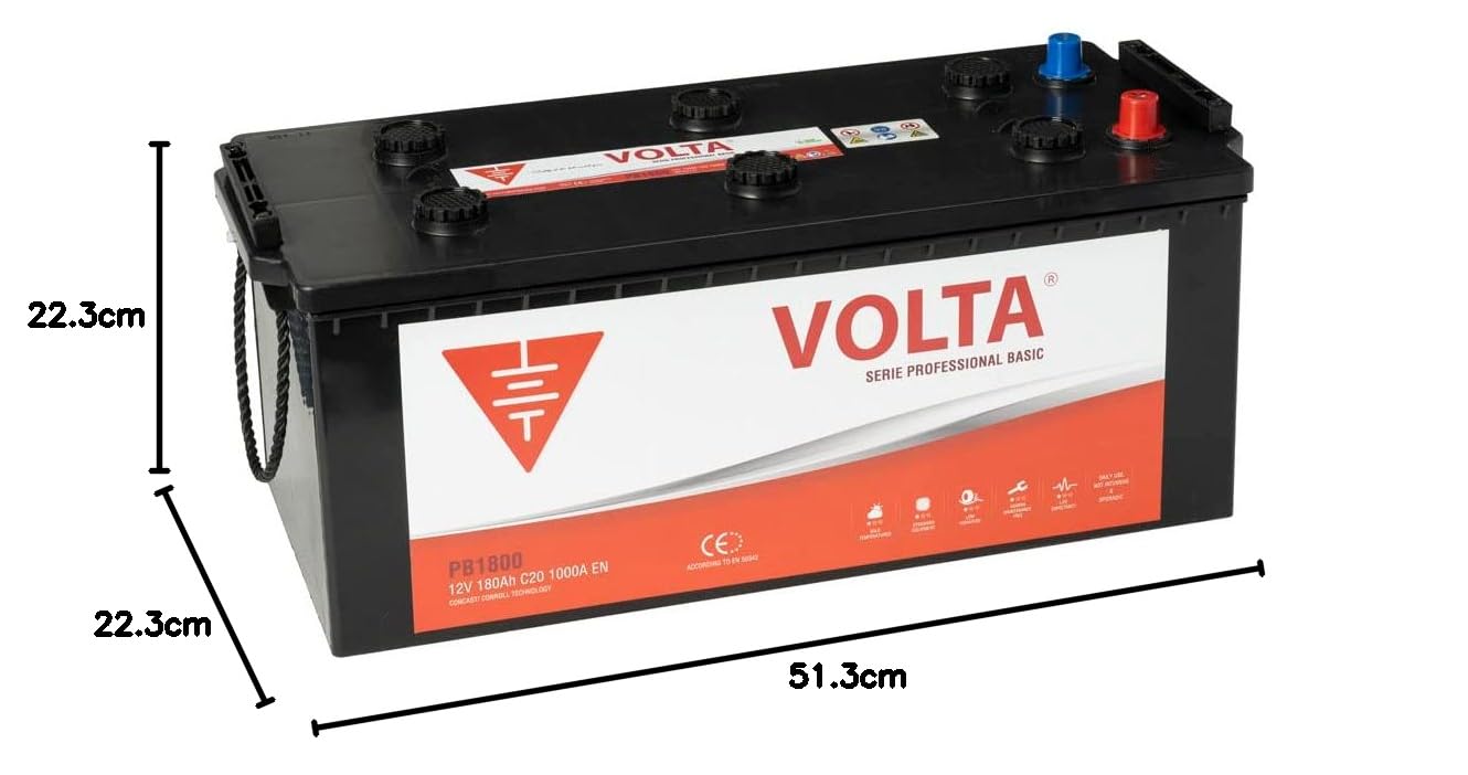 Bateria de Camión Professional Basic 180Ah 1000A Volta PB1800I - Borne +Izq - Medidas Largo 513 x Ancho 223 x Alto 223 mm con 2 años de Garantía - Fabricación Europea.