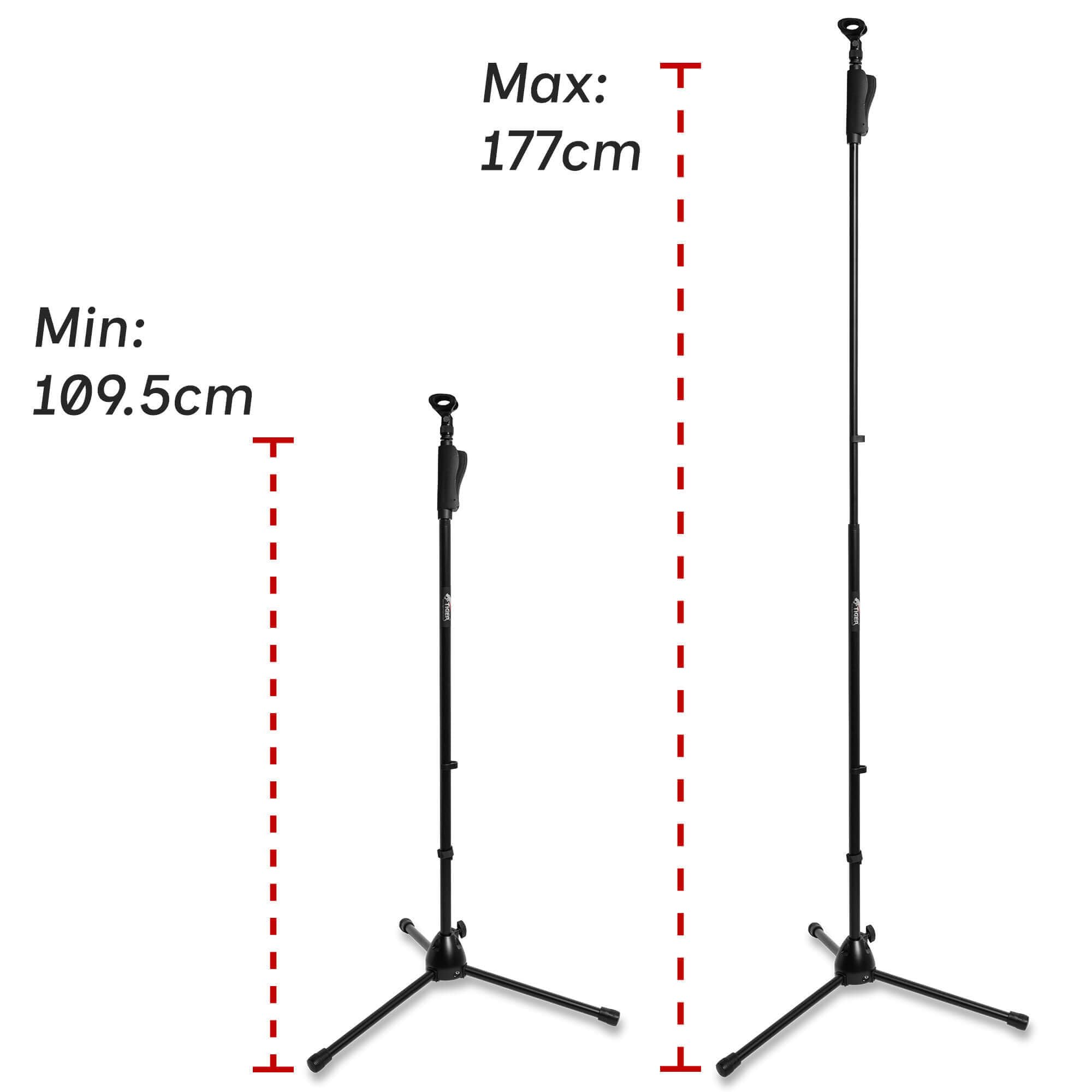 Tiger MCA23-BK Soporte de Micrófono Profesional con Base de Trípode - Negro | Altura Ajustable de 109,5 a 177 cm, Embrague Fácil, Clip Resistente - para Estudio, Grabación, Podcast, Voz