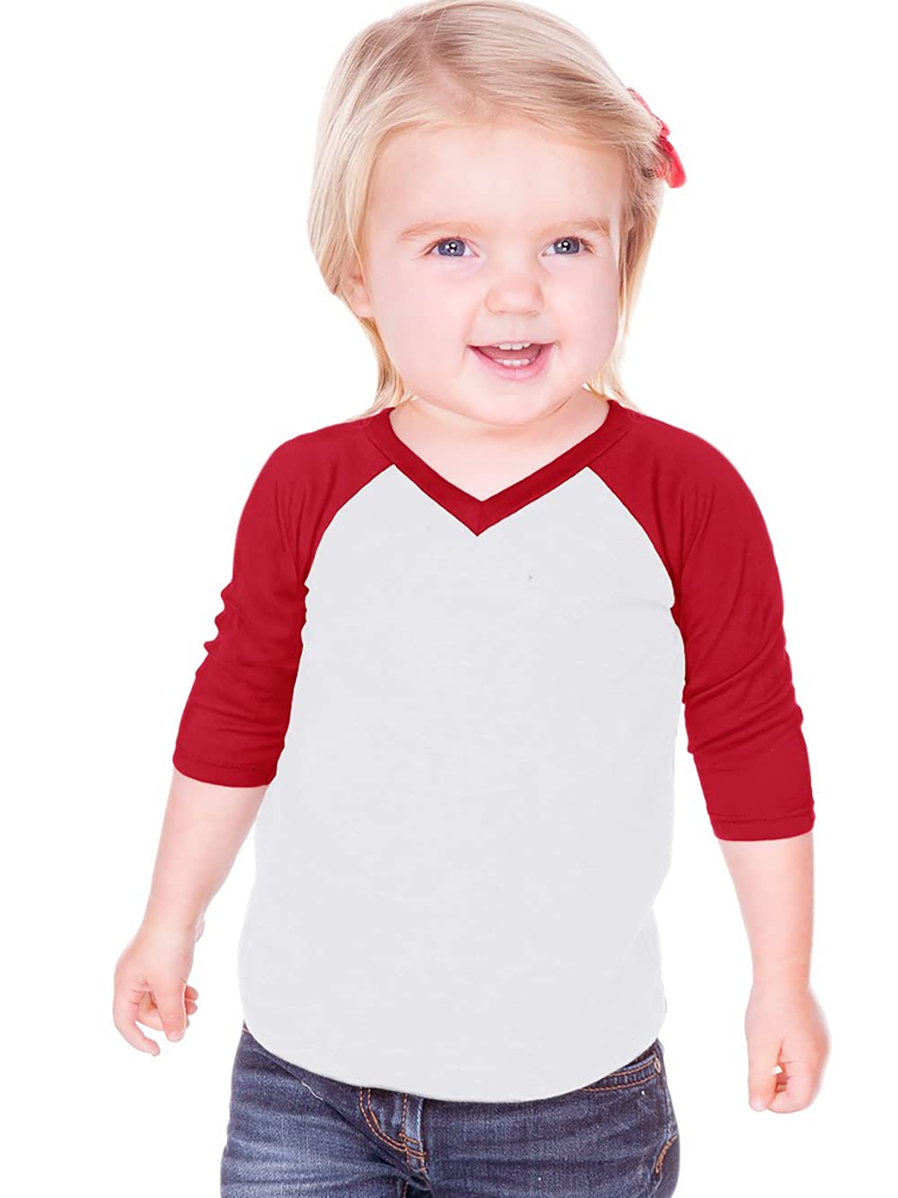 Kavio! Unisex Infants Sheer Jersey Contrast V Neck Raglan 3/4 Sleeve White/Red 6M