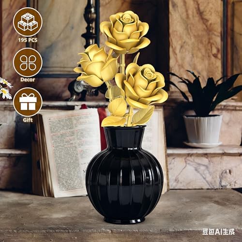 QIFUN Gold Roses Flower Building Set - 3 Roses Bouquet Botanical Building Blocks for Adult, Home Decor Romantic Anniversary Valentine's Day Gift for Her, Wife, Girlfriend, Mom - 2