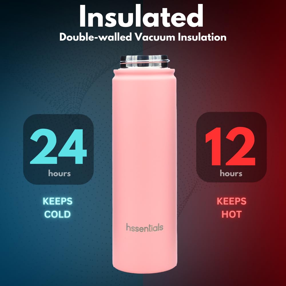 Hssentials 750ml Vacuum Insulated Water Bottle, Double Wall Stainless Steel Thermos Bottle with 2 Lids Included, Straw Lid and Wide Mouth, Hot Cold Water Flask, Sports Bottle (25oz, Baby Pink)