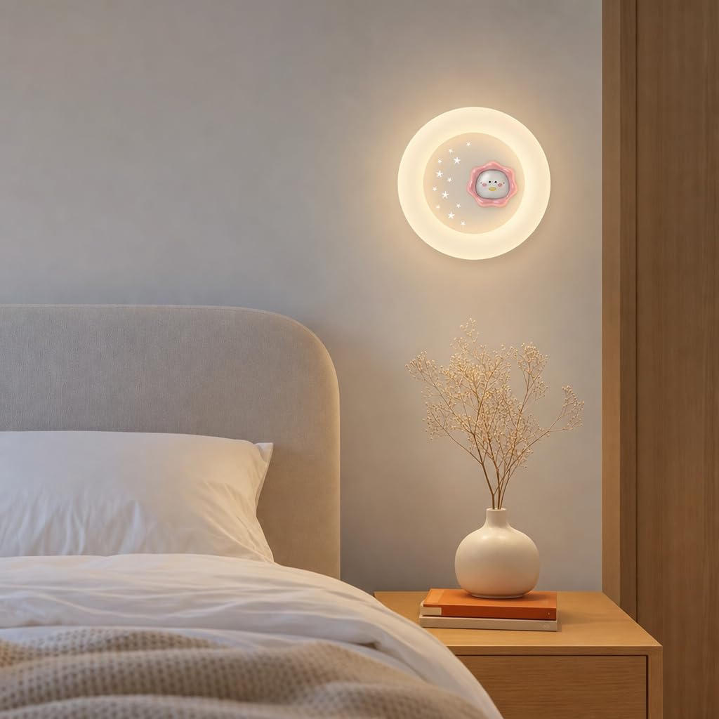 LED Wandleuchte Runde Rosa Acryl Lampenschirm, 20W Moderne Kinderzimmerlampe Cartoon Jungen Mädchen Wandlampe 3 Farbtemperaturen Innen Augenschutz Wandbeleuchtung Kinderlampe Babyzimmer
