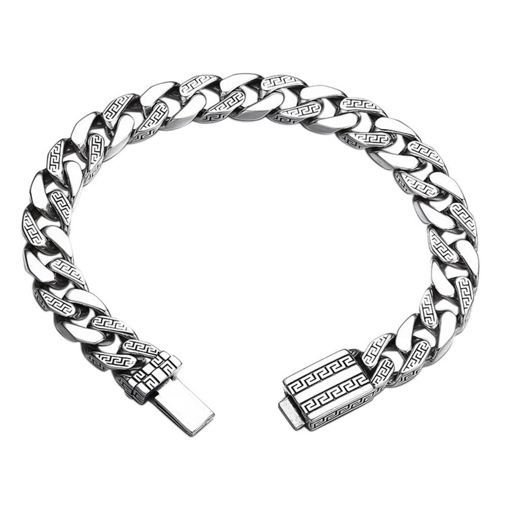 ForFox Pulsera de cadena cubana de plata de ley 925 pulsera de cadena barbada con diseño de llave griega para hombre 9mm 18/20cm