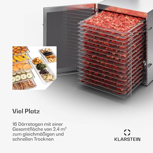 Klarstein Dörrgerät, Dörrautomat für Gemüse, Obst, Pilze & Fleisch, 1500W Edelstahl-Dörrautomat, Trockenautomat mit 16 Metallgitter, Dörrgerät mit 24H Timer & Touch-Display, Food Dehydrator – Bild 4