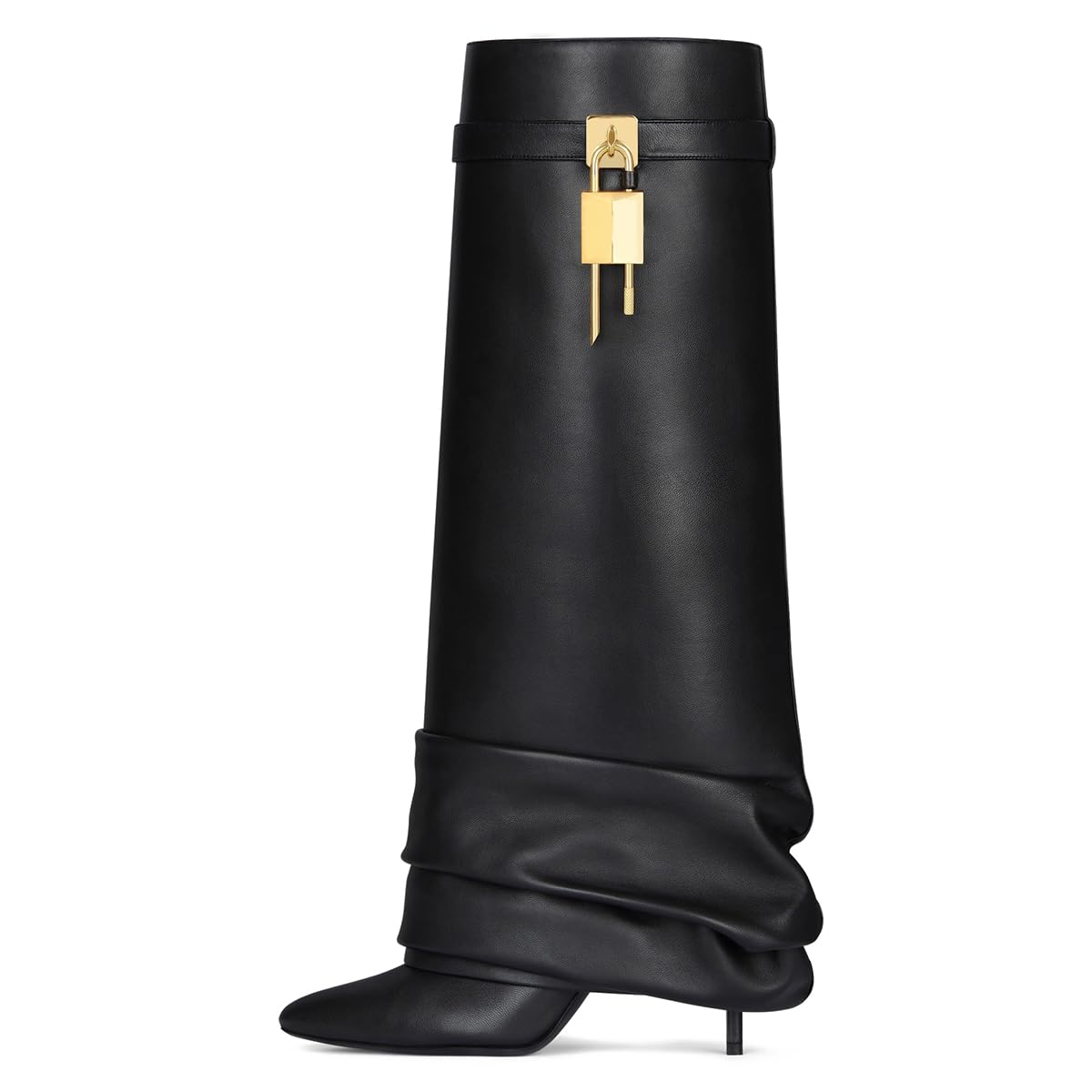 Womens Padlock Knee High Boots Slouchy Covered Stiletto Boots Almond Toe Fold Over Boots Fashion Party Dress Metal