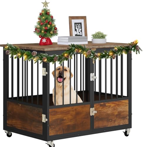 YITAHOME Rustic Heavy Duty Dog Crate Furniture with Wheels, Double-Doors Metal Dog Kennel Indoor for Small Medium Dogs, Decorative Dog House Side End Table, Chew-Resistant Wooden Dog Cage