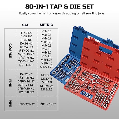 Anfrere 80pcs Tap and Die Set, SAE & Metric Tap Die Wrench Set, Metric Standard M3 to M12 Coarse Fine Rethreading Threads Bits for Cutting External and Internal Threads, NC, NF, NPT Repair Tools
