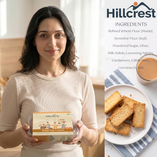 Image of Hillcrest Bakery Royal Suji Crunch Cookies with Semolina, Cardamom and Edible Nuts, 300 Grams, 20-22 Pieces | Premium Baked Snack | Tea Time Treat | Hygienically Packed