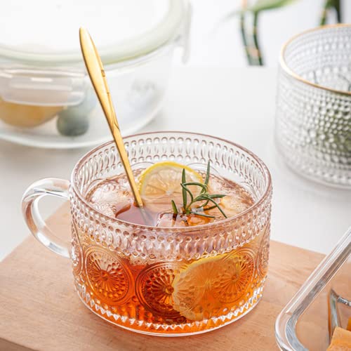 Mfacoy Vintage Coffee Mugs Set Of 2, 14 Oz Glass Coffee Tea Cups With Handle, Clear Embossed Glass Cups, Tea Cups, Glass Coffee Cups For Cappuccino, Latte, Cereal, Yogurt, Milk, Hot Or Cold Beverages #TOP2