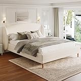 Merax King Size Upholstered Platform Bed, Boucle Fabric and Wingback Headboard, Rounded Corners, White