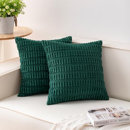 Image of Pack of 2 Corduroy Decorative Throw Pillow Covers 24x24 Inch, Dark Green | Fall Soft Striped Pillow Covers Modern Farmhouse Home Decor Christmas Throw Pillow Covers for Sofa Living Room Couch Bed