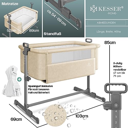 KESSER® Zustellbett Hubi 3in1 Baby Beistellbett Reisebett Babybett mit weich Matratze mit Rollen Kinderbett, 5-Fach Höhenverstellung Faltbare Seitenwand für Zuhause und Unterwegs + Spanngurt Beige