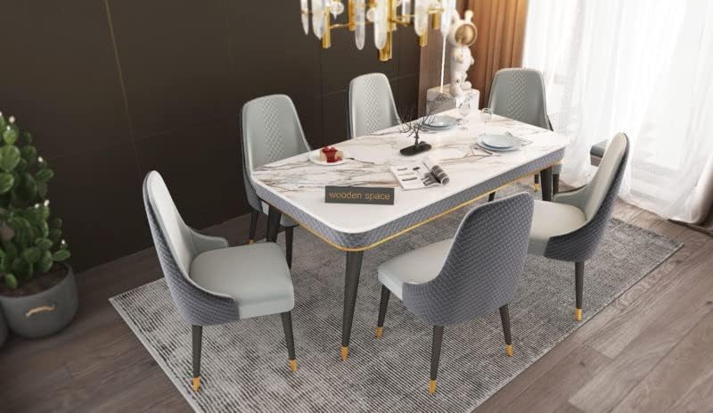 Image of WOODEN SPACE 6-Seater Wooden Dining Table Set | Nano Composite Marble Top | Solid Wood Base | Modern Dining Room Furniture with 6 Chairs (Gray)