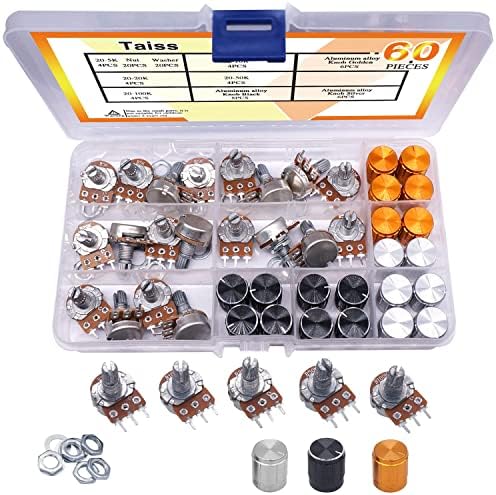 Taiss 60PCS Potentiometer Kit B5K 10K 20K 50K 100K Ohm Linear Taper Rotary Audio B Type Potentiometer with Nuts, Washers and 3 Different Colors of Aluminum Alloy knobs F029