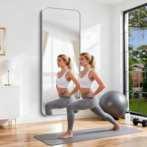 Image of Silver Bathroom Mirror, 72 x 30 Inch Large Rectangle Mirror, Rectangular Vanity Mirror Aluminum Metal Frame, Rounded Corner Wall Mirror for Living Room Bedroom Entryway Horizontal /Vertical