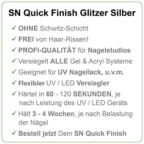 SN Quick Finish Glitzer Silber Hochglanz Versiegelungsgel ohne Schwitzschicht High Gloss Top Coat UV & LED Flex Gel für… – Bild 4
