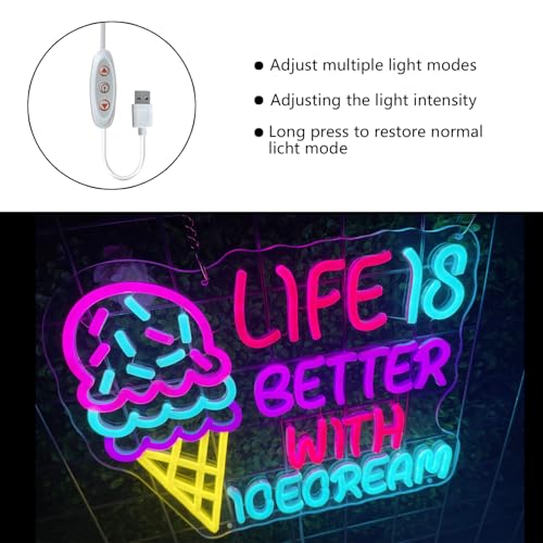 Image of Ice Cream Neon Sign Wall Decor Custom Dimmable LED Light for Shop USB Powered Ice Cream Bar Food Shop Neon Art Party Neon Sign Decor 12.6x15.9 inch