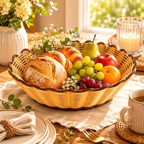 Image of Multi-Use Wicker Serving Basket for Bread, Fruits & Snacks | Round Rattan Style Food Basket | Table Organizer for Home, Restaurants, Cafes & Hotels