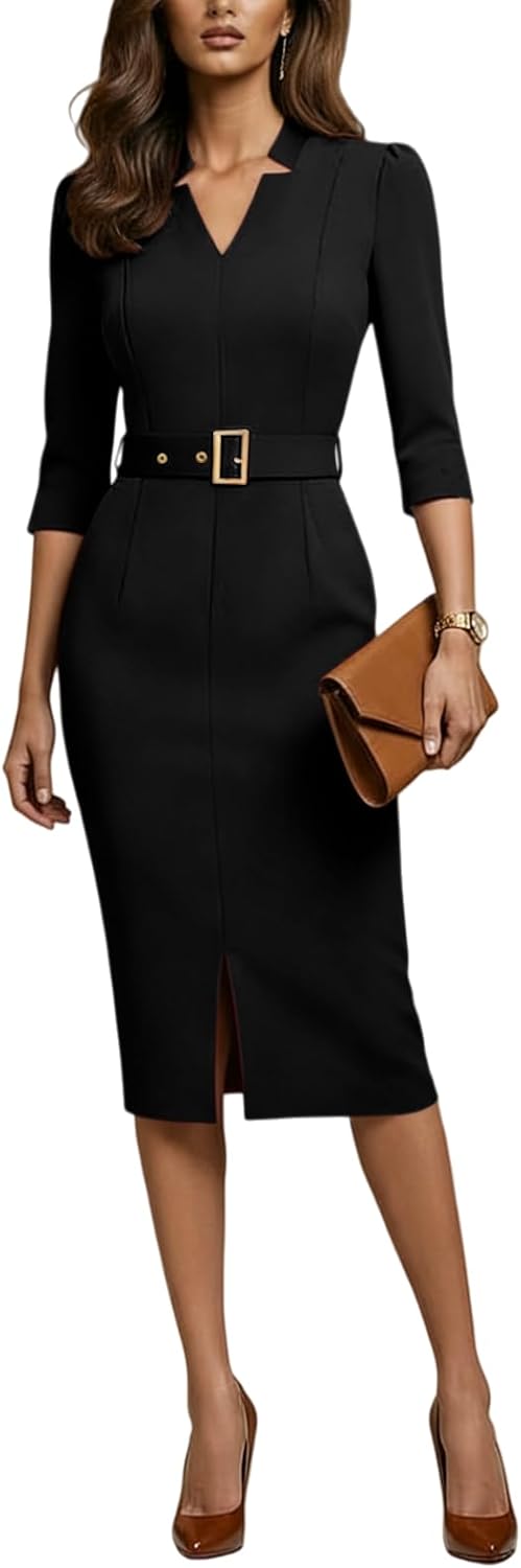 Women's Work Dress 1/2 Sleeve Bodycon Pencil Dress V-Neck Belt Office Business Formal Cocktail Party Midi Dresses