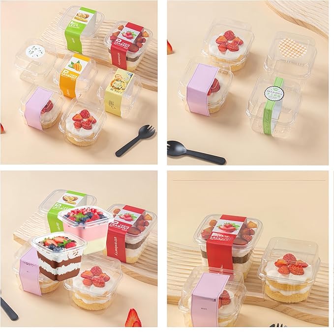 tazze da dessert quadrate trasparenti, 50 Pezzi 8oz tazze bicchieri da dessert,Monoporzione per Dolci,Finger food con coperchio e Cucchiaio, per Budini,Gelati, Mousse