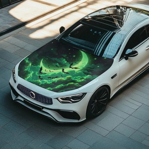 Image of Green Moon Bat Car Hood Cover Polyester Elastic Fabrics Can be Washed Suitable for SUV Trucks Universal for Cars