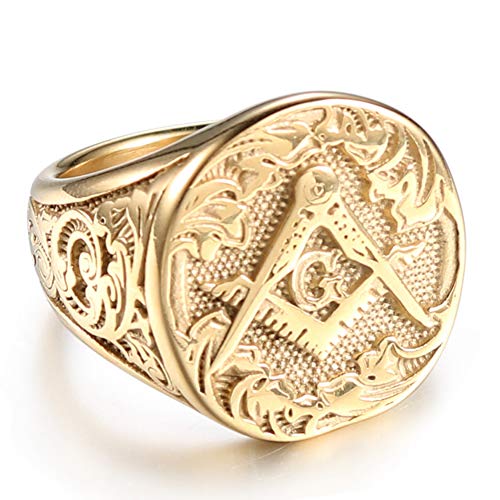 Ifuaqz Men's Masonic Freemason Gold Plated Stainless Steel Rings Classic Master Mason Signet Band Jewelry Size 10 #TOP2