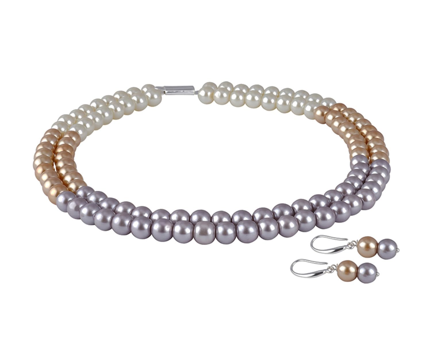 JFL - Jewellery for Less Combo Silver Plated Imitation 8mm Round Pearl Double Strand Necklace Set Moti Mala Pearl Set With Earrings Handcrafted (Cream,Gold,Grey),Valentine (B0CG6J5VZF) Amazon Price History, Amazon Price Tracker